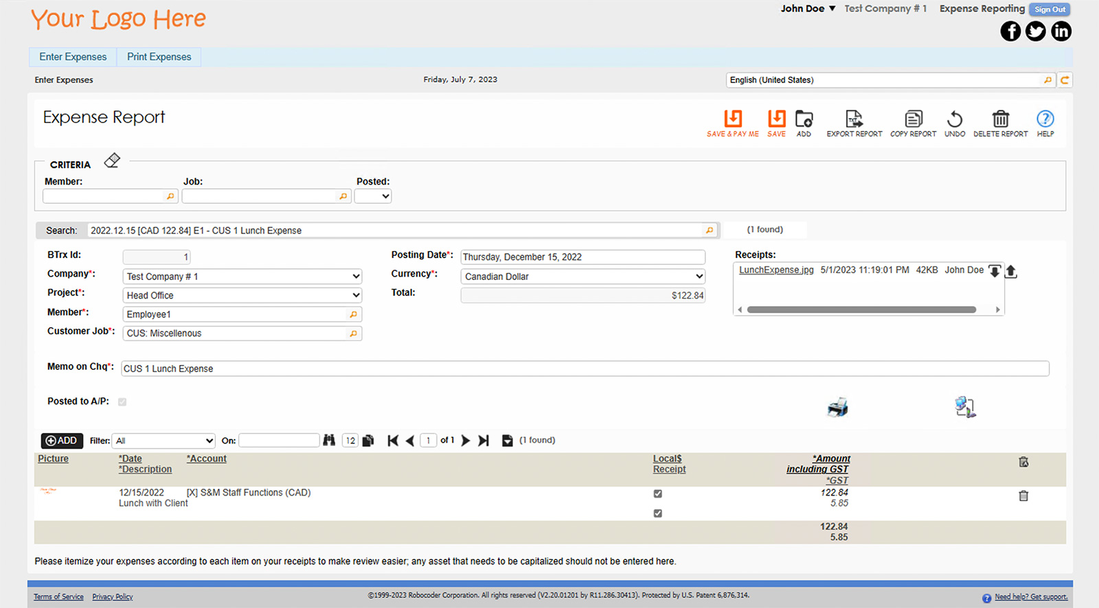 Expense Report in 1ERP's Expense Reporting Module
