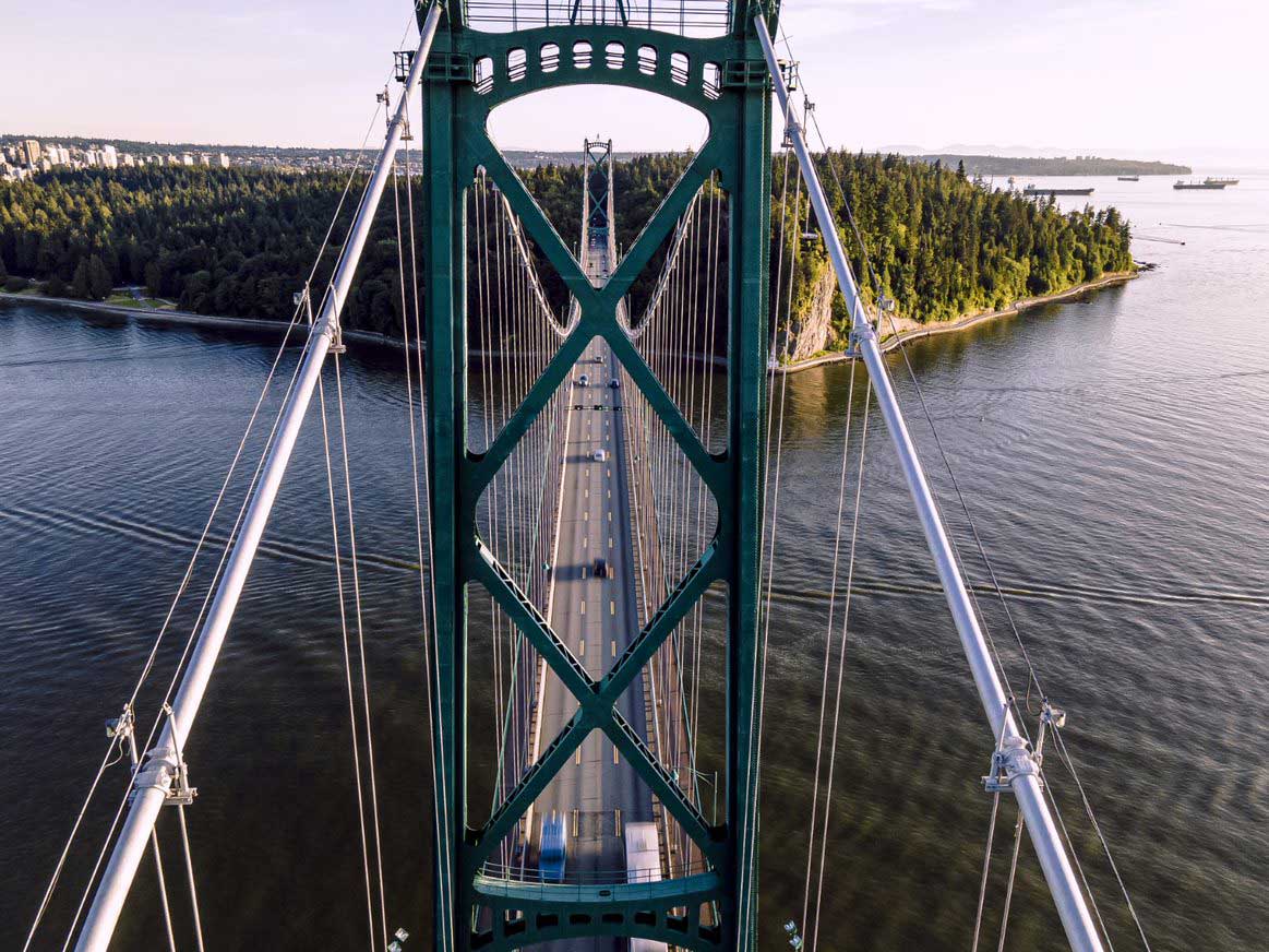 Iconic Lions Gate Bridge in Vancouver, Canada, connecting to Downtown Vancouver with a view towards our Richmond office.